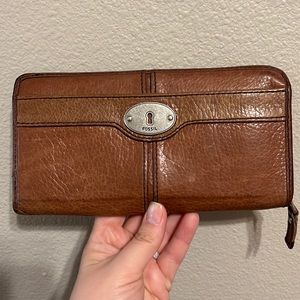 Fossil Lock & Key Purse Wallet Brown Leather